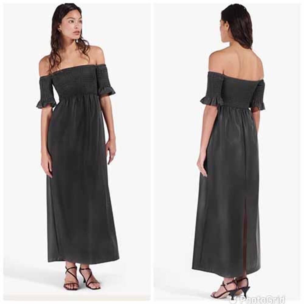 NWT STAUD Mae Smocked Off-The-Shoulder Vegan Leather Lined Maxi Dress Black